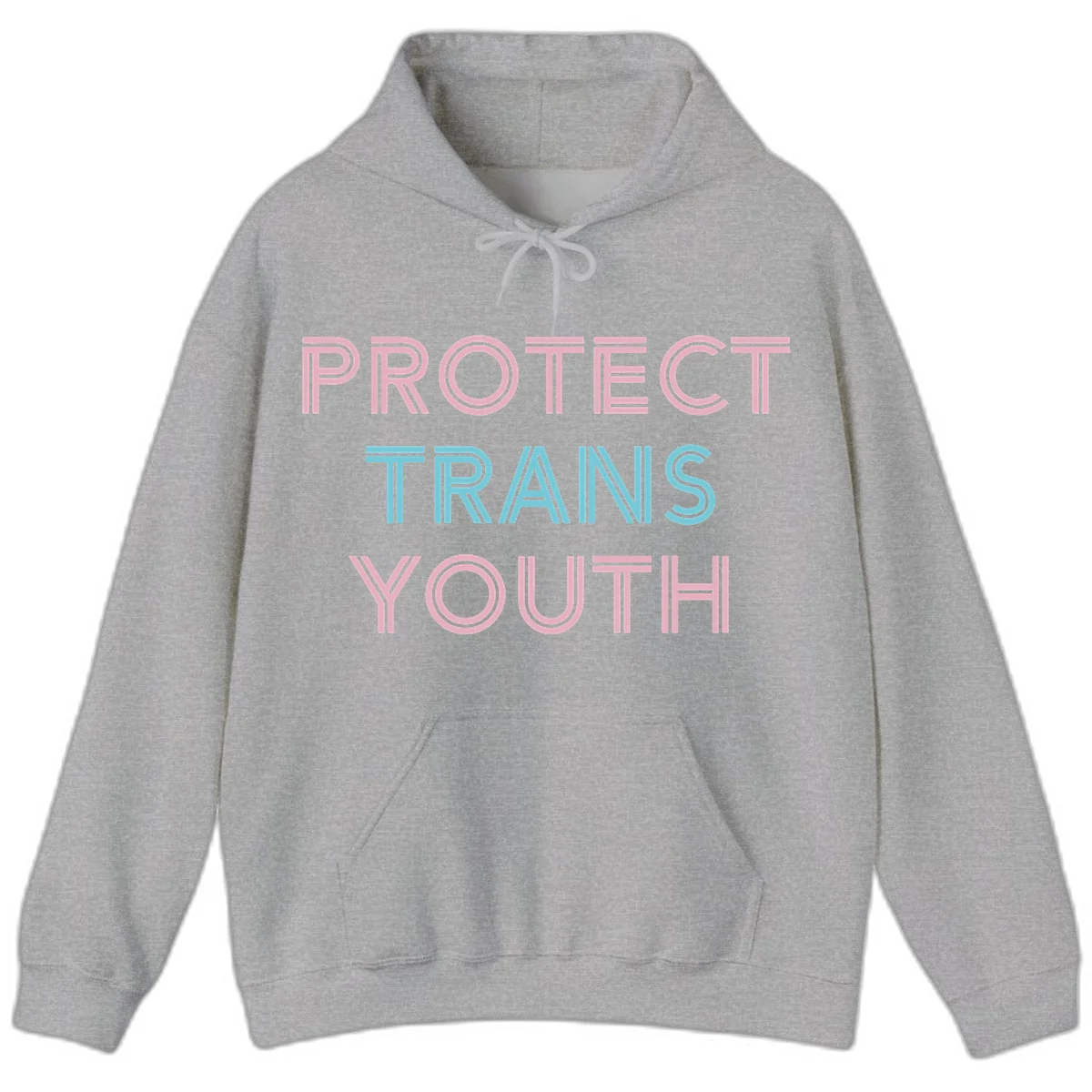 Protect trans youth design with pink and cyan outlined text on gray background in Sport Grey