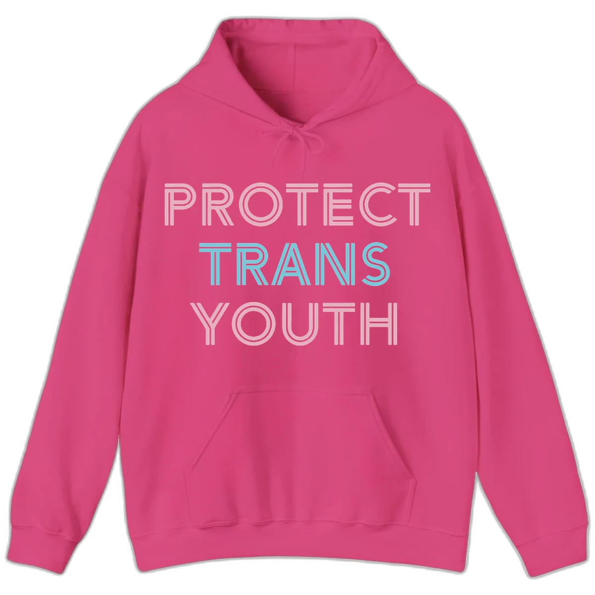 Protect trans youth design with pink and cyan outlined text on gray background in Heliconia