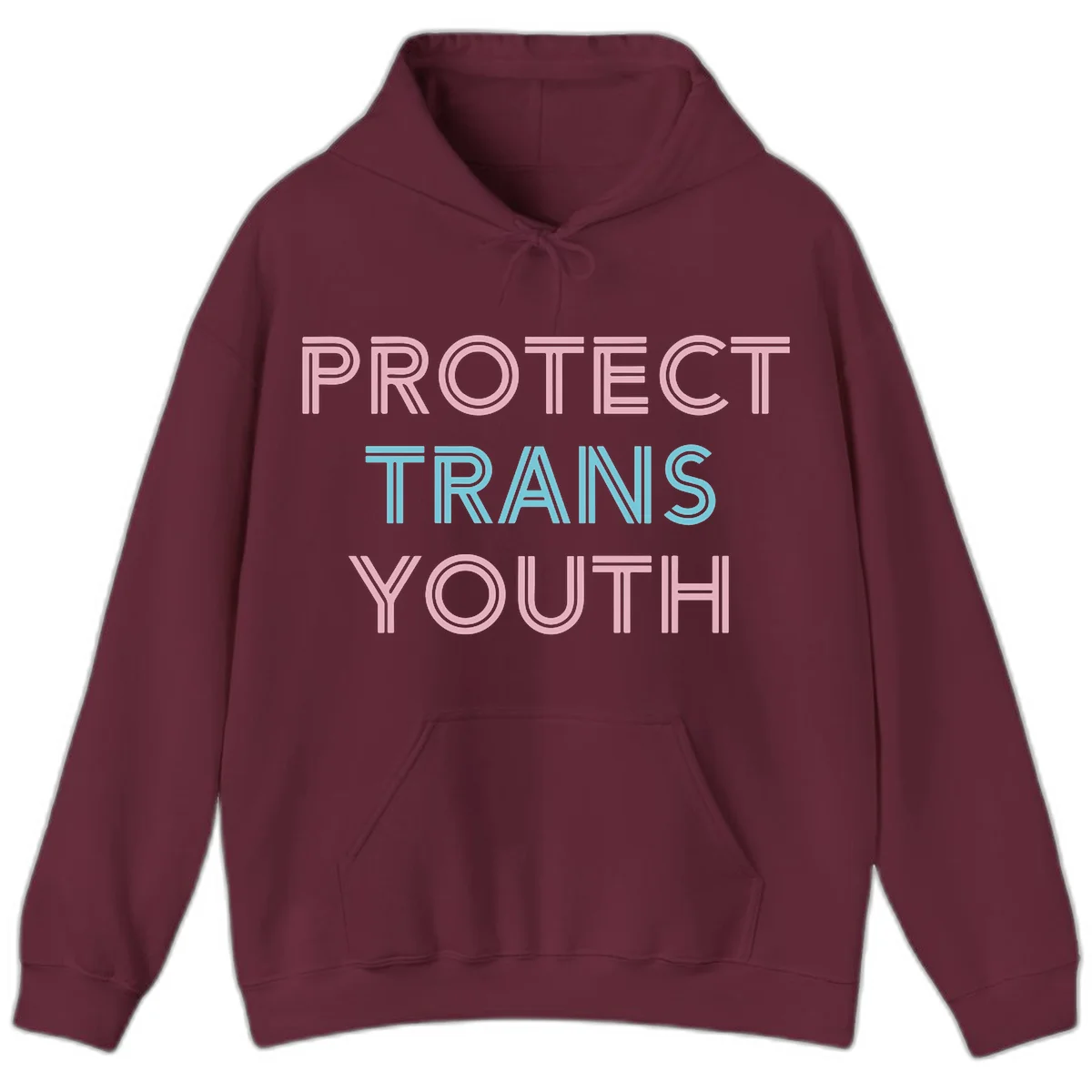 Protect trans youth design with pink and cyan outlined text on gray background in Maroon