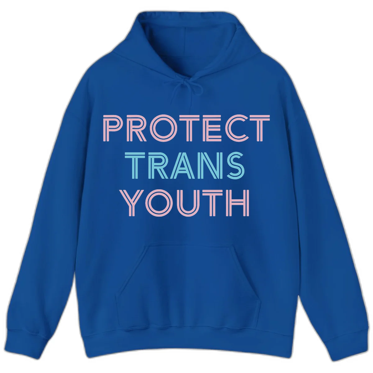 Protect trans youth design with pink and cyan outlined text on gray background in Royal
