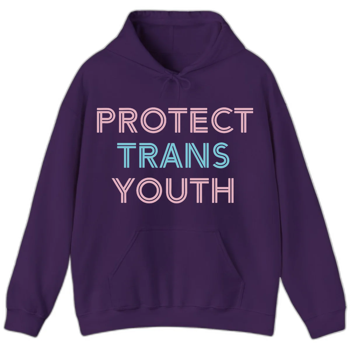 Protect trans youth design with pink and cyan outlined text on gray background in Purple