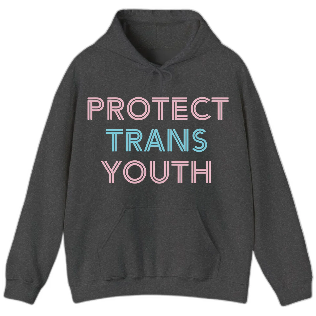Protect trans youth design with pink and cyan outlined text on gray background in Dark Heather
