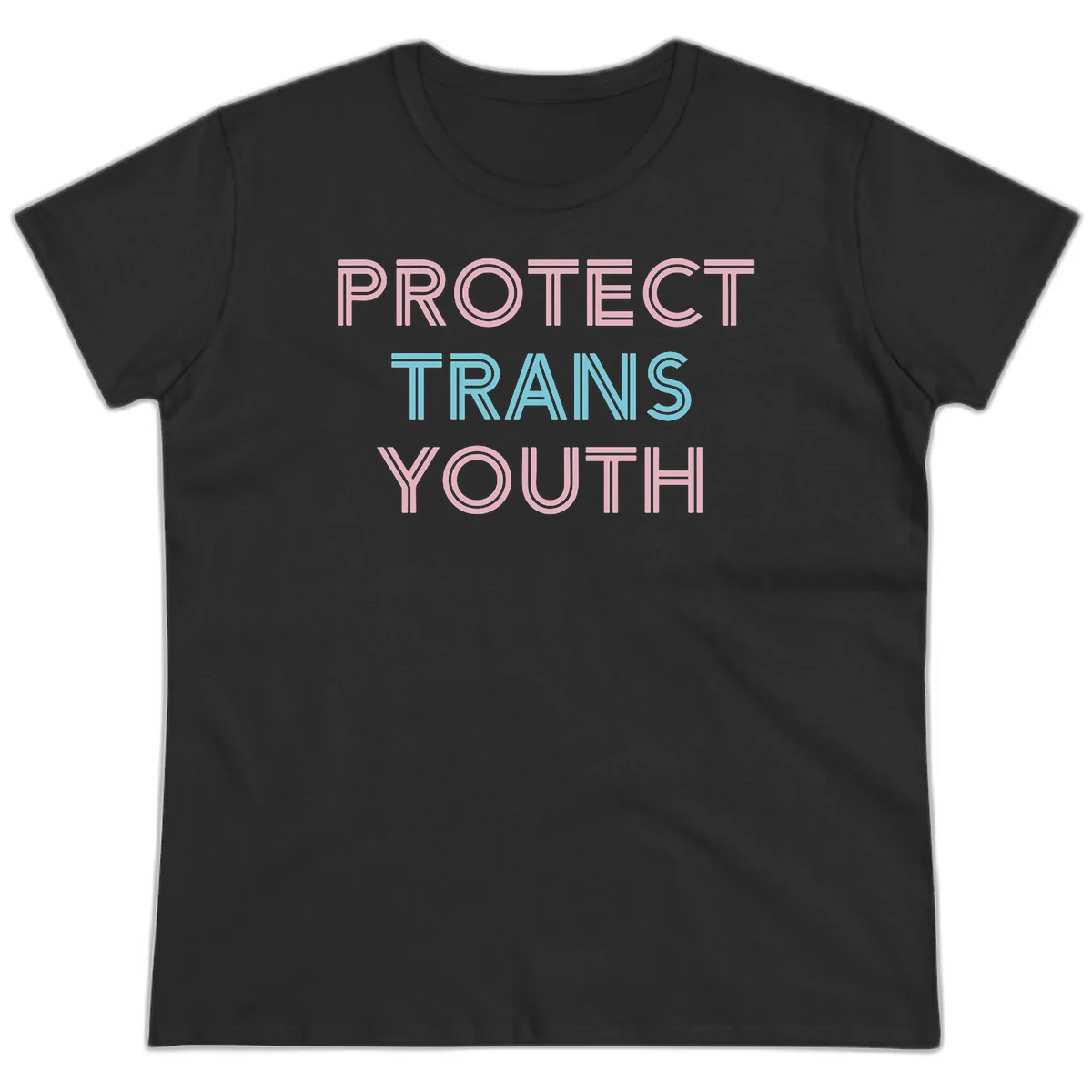 Protect trans youth design with pink and cyan outlined text on gray background in Black