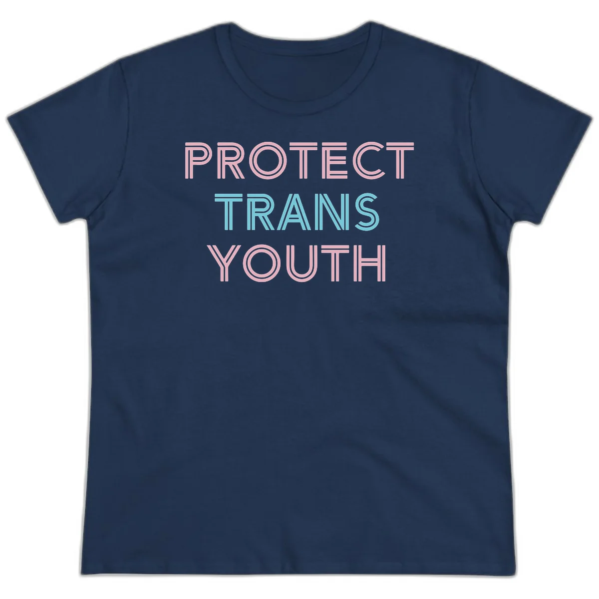 Protect trans youth design with pink and cyan outlined text on gray background in Navy