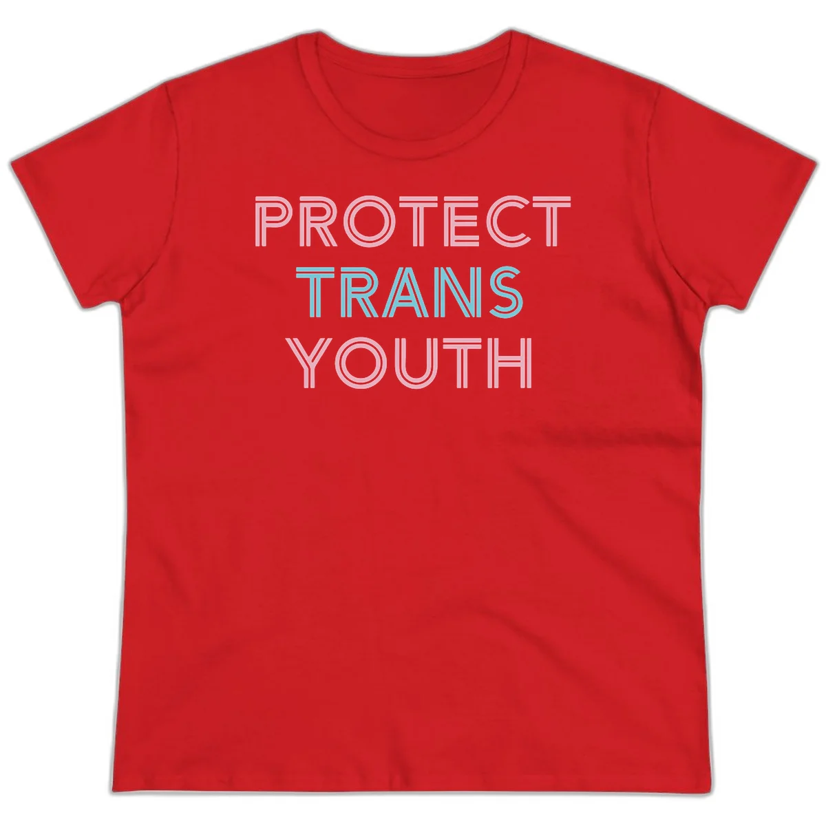 Protect trans youth design with pink and cyan outlined text on gray background in Red