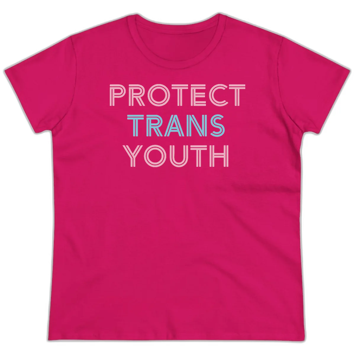 Protect trans youth design with pink and cyan outlined text on gray background in Heliconia