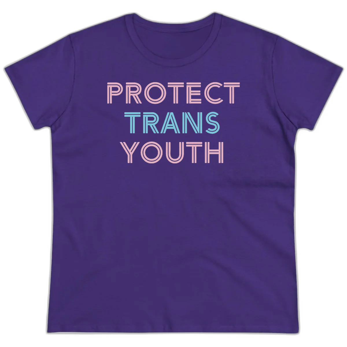 Protect trans youth design with pink and cyan outlined text on gray background in Purple