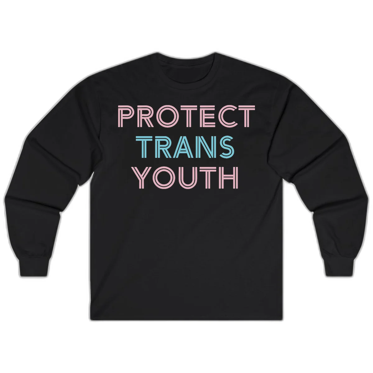 Protect trans youth design with pink and cyan outlined text on gray background in Black