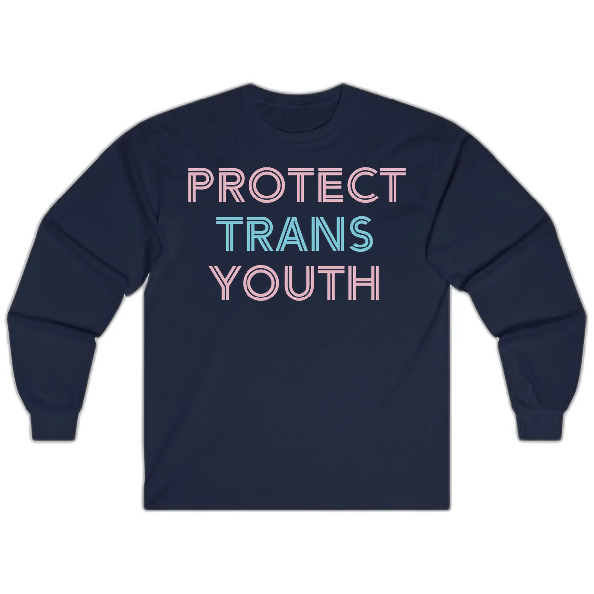 Protect trans youth design with pink and cyan outlined text on gray background in Navy