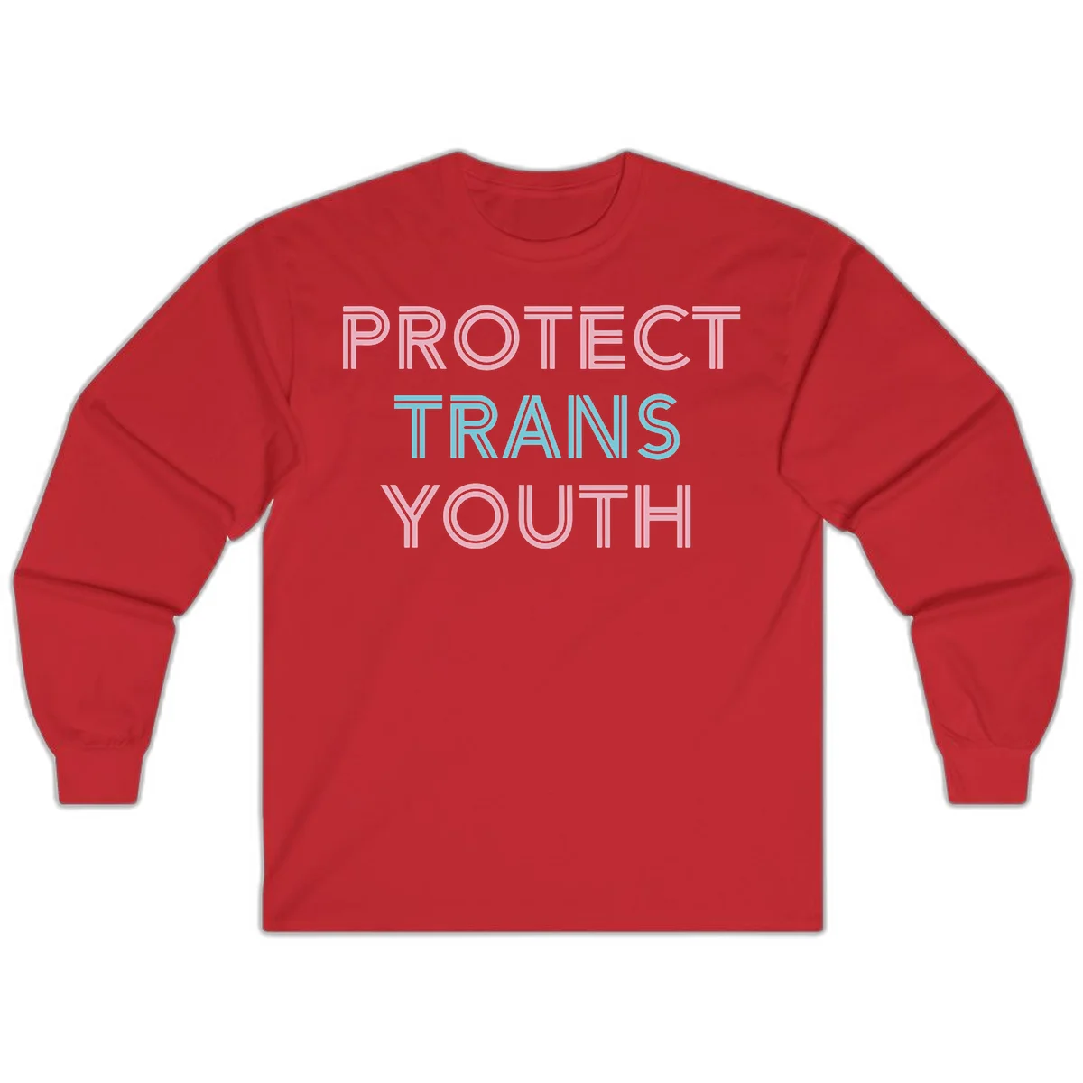 Protect trans youth design with pink and cyan outlined text on gray background in Red