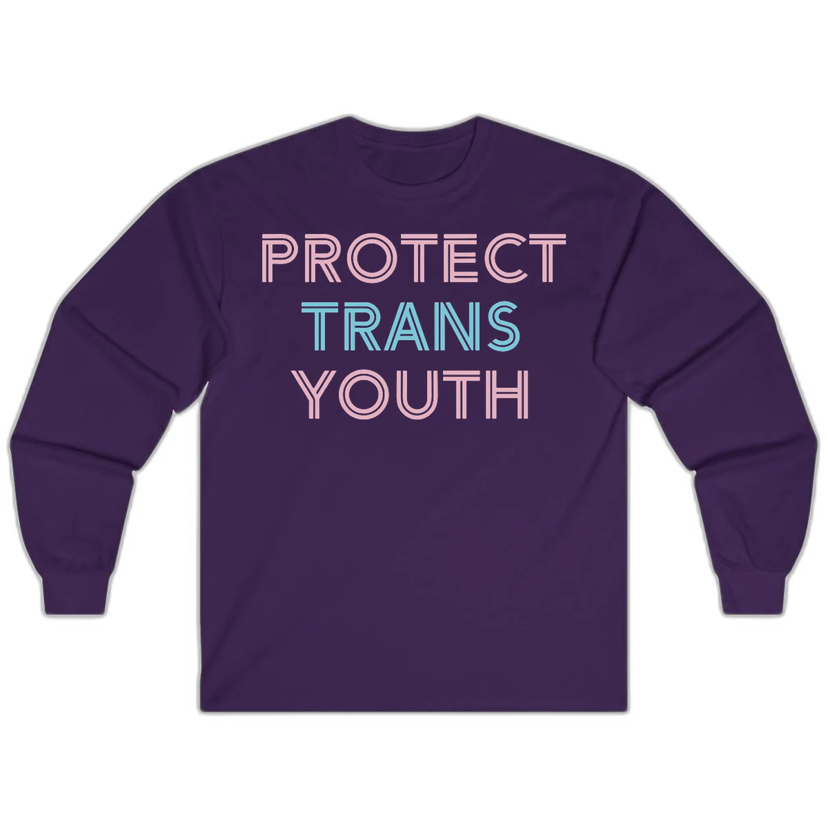 Protect trans youth design with pink and cyan outlined text on gray background in Purple