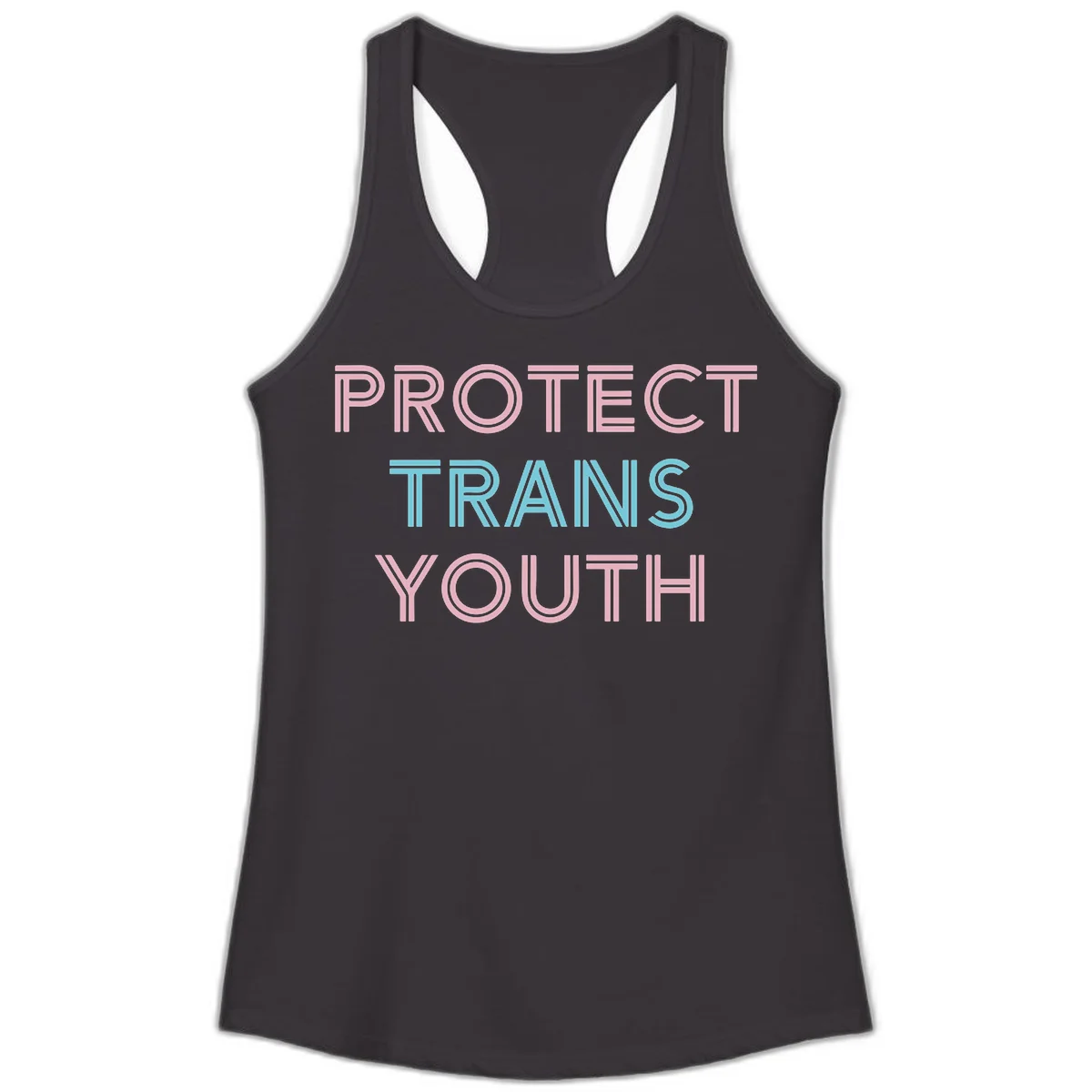 Protect trans youth design with pink and cyan outlined text on gray background in Black
