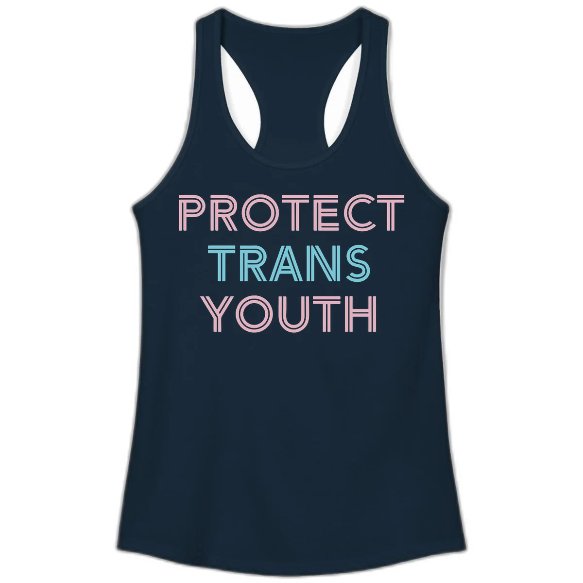 Protect trans youth design with pink and cyan outlined text on gray background in Solid Midnight Navy