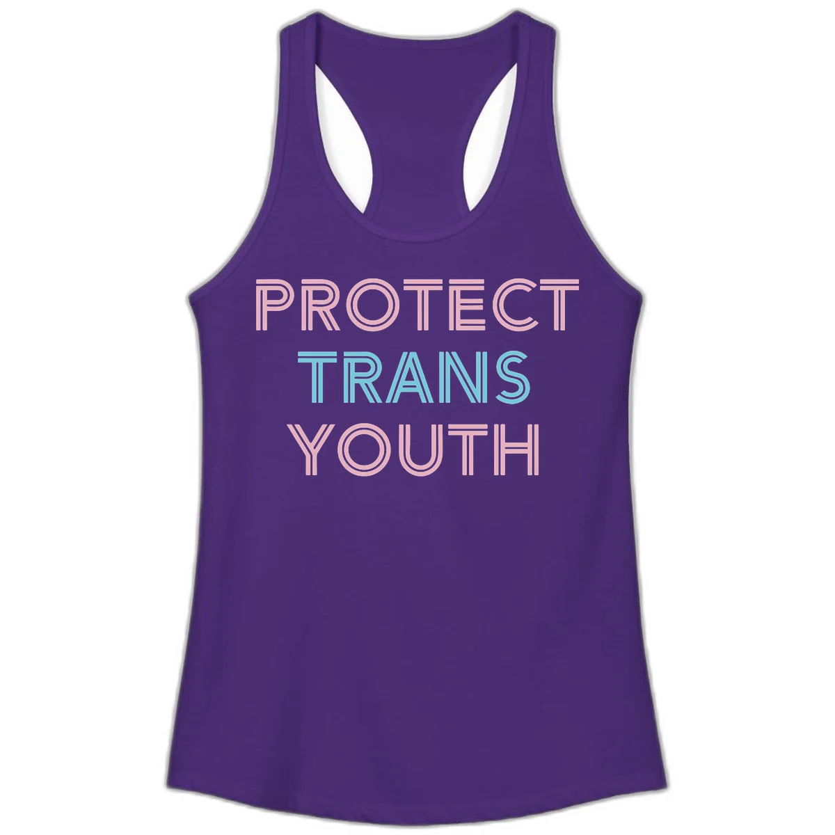 Protect trans youth design with pink and cyan outlined text on gray background in Solid Purple Rush