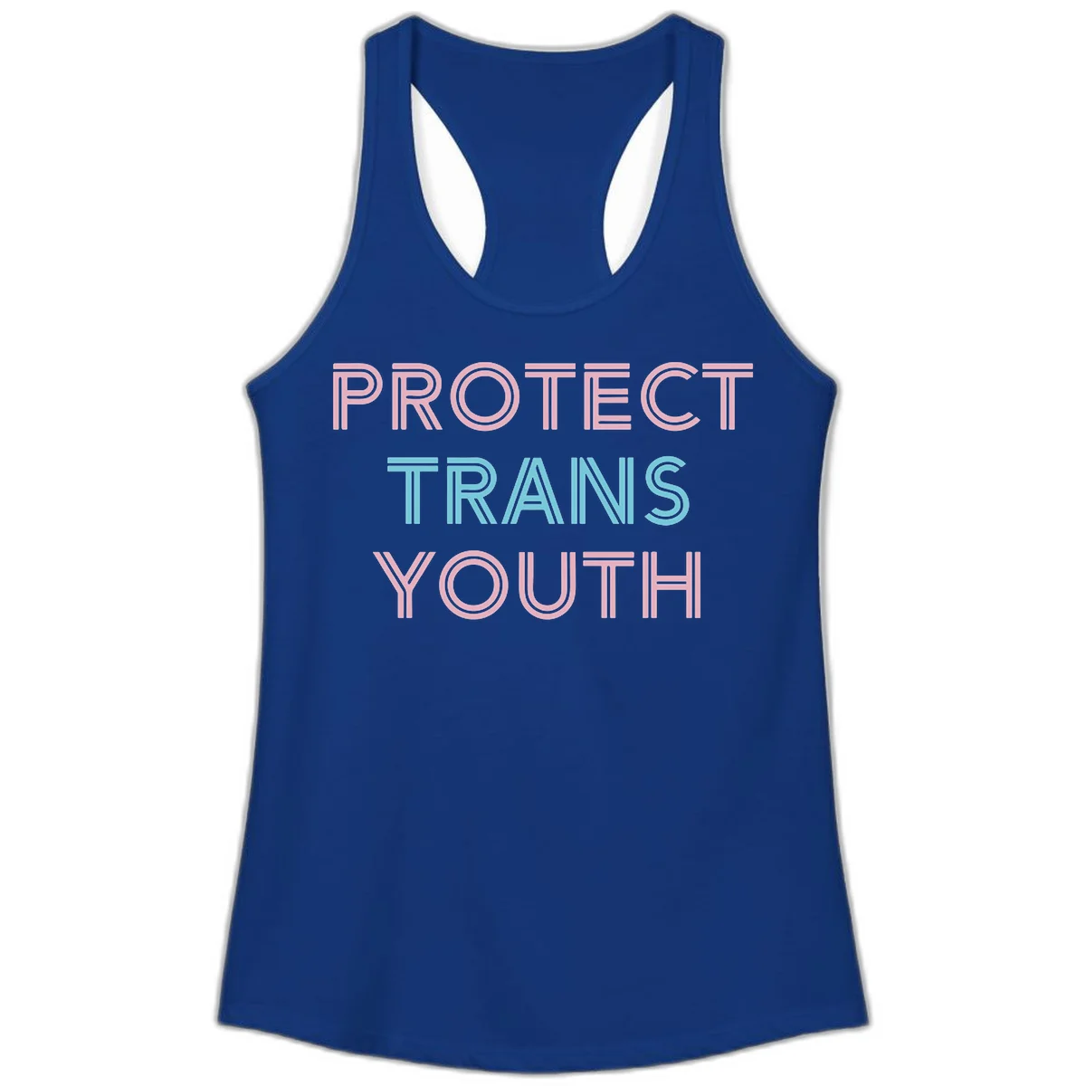 Protect trans youth design with pink and cyan outlined text on gray background in Solid Royal