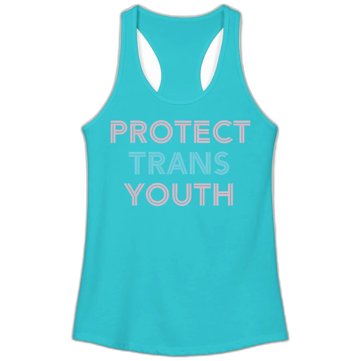 Protect trans youth design with pink and cyan outlined text on gray background in Solid Tahiti Blue