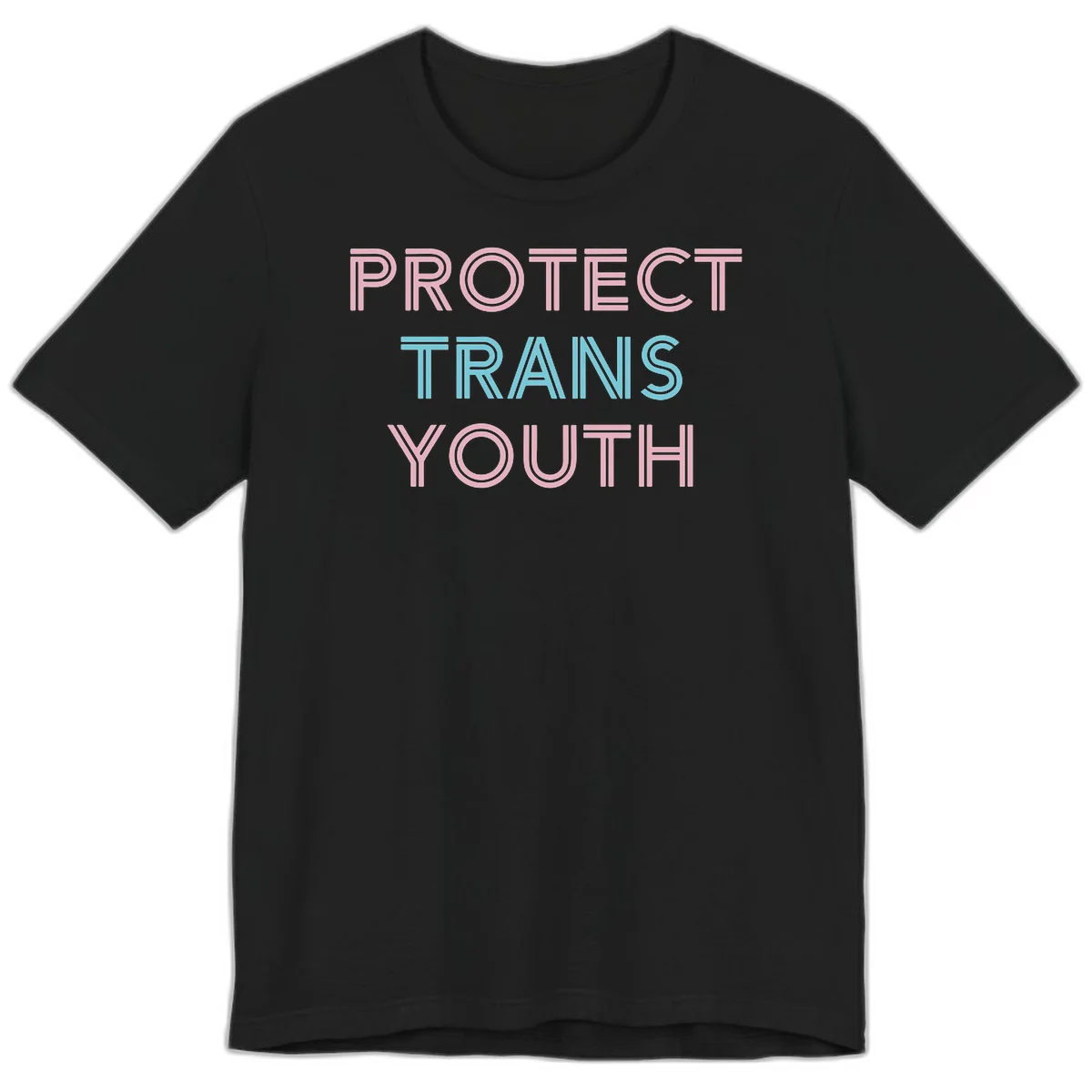 Protect trans youth design with pink and cyan outlined text on gray background in Black