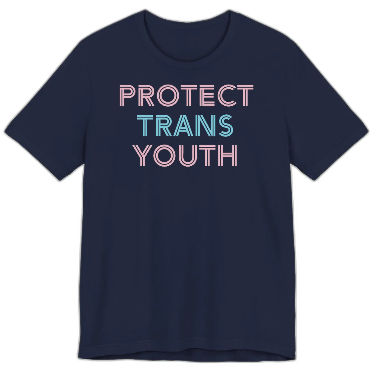 Protect trans youth design with pink and cyan outlined text on gray background in Navy