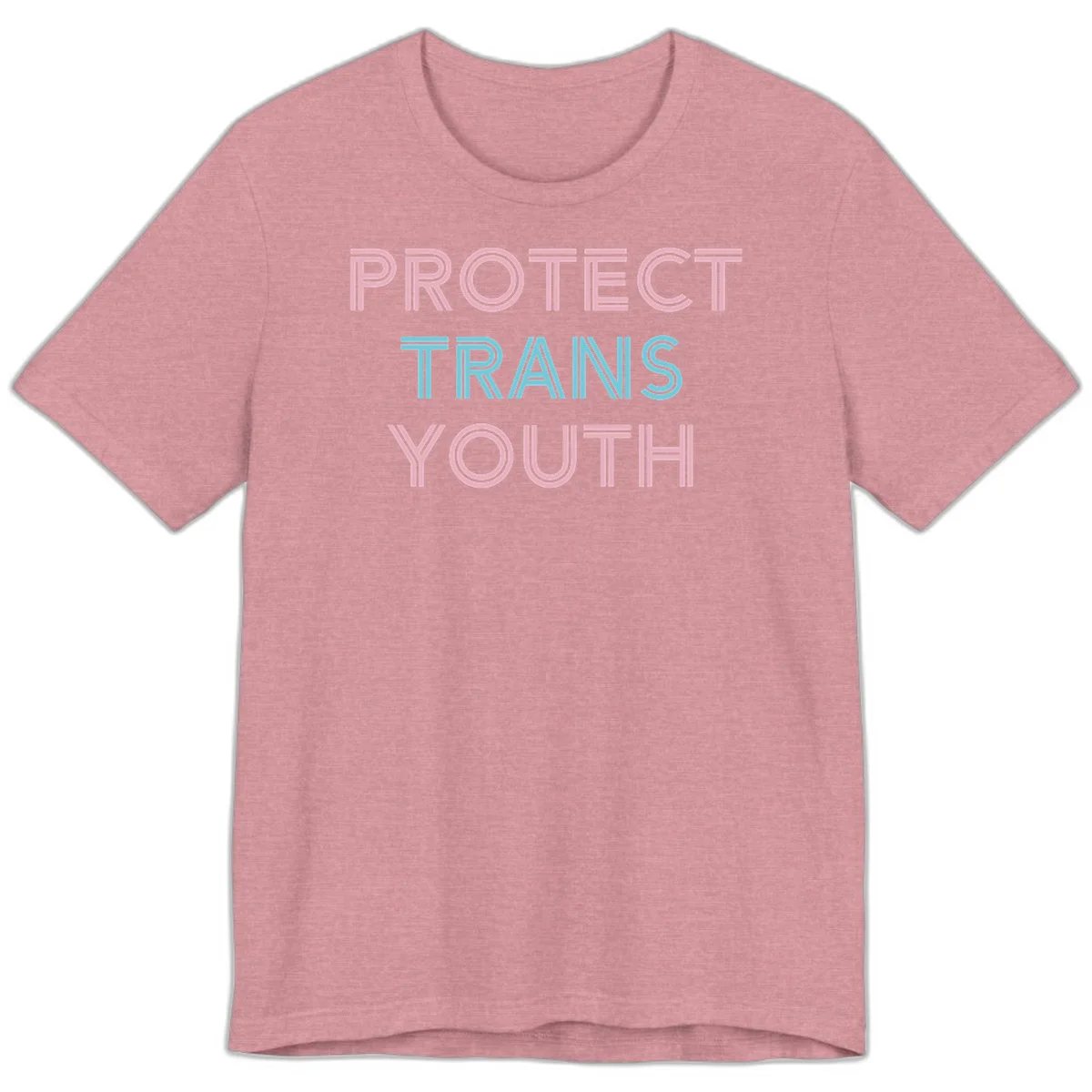 Protect trans youth design with pink and cyan outlined text on gray background in Heather Orchid