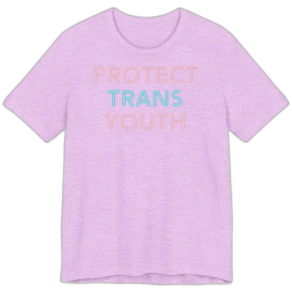Protect trans youth design with pink and cyan outlined text on gray background in Heather Prism Lilac