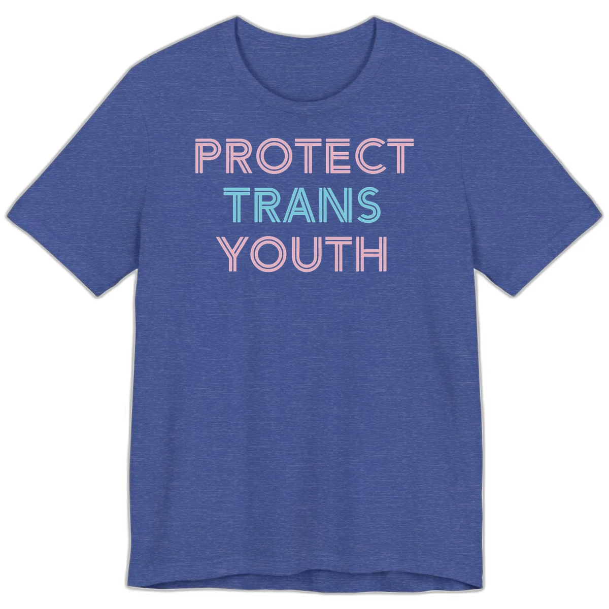 Protect trans youth design with pink and cyan outlined text on gray background in Heather True Royal