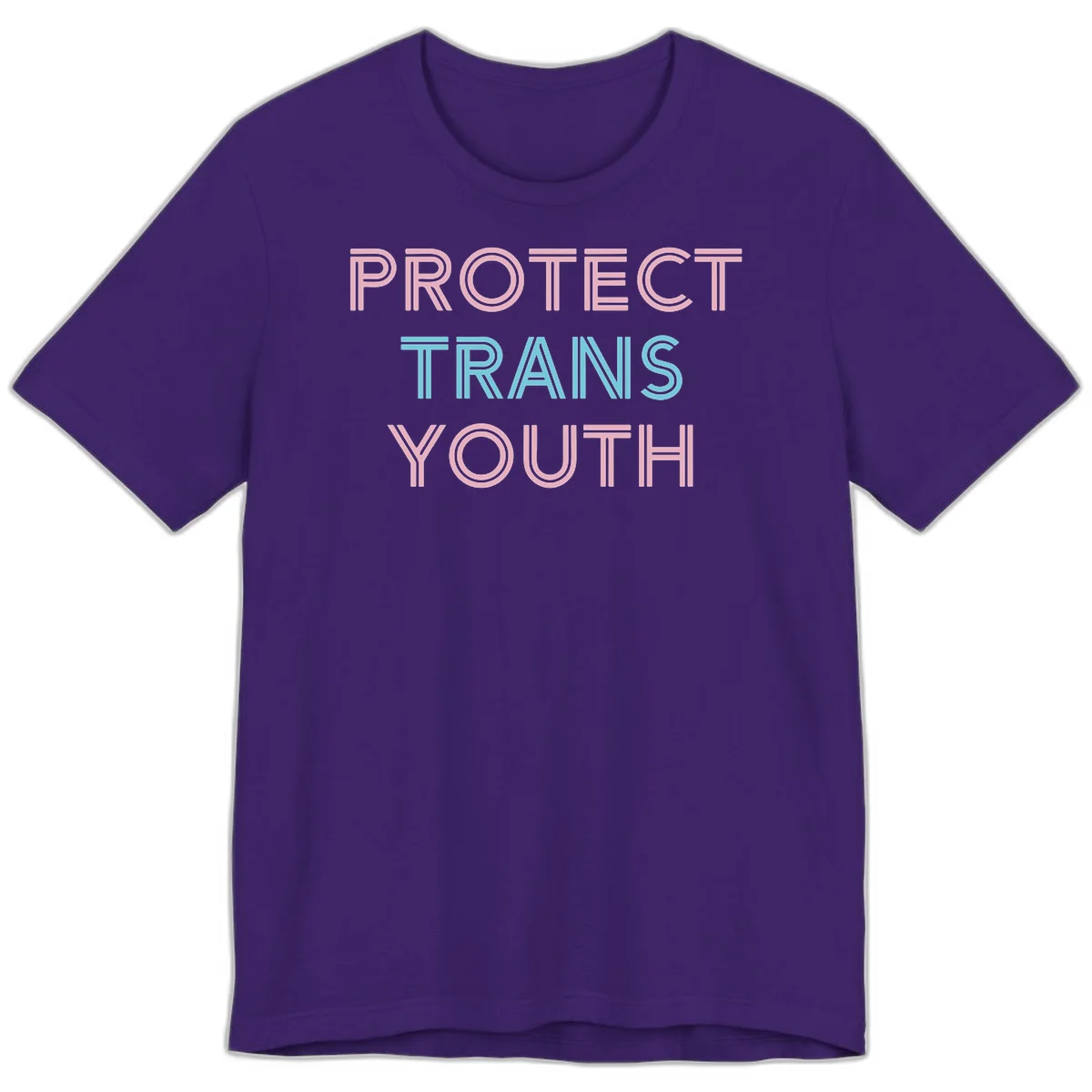 Protect trans youth design with pink and cyan outlined text on gray background in Team Purple