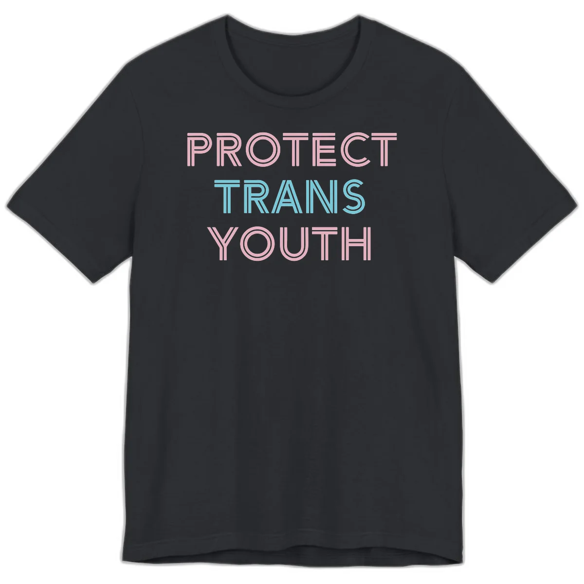 Protect trans youth design with pink and cyan outlined text on gray background in Vintage Black