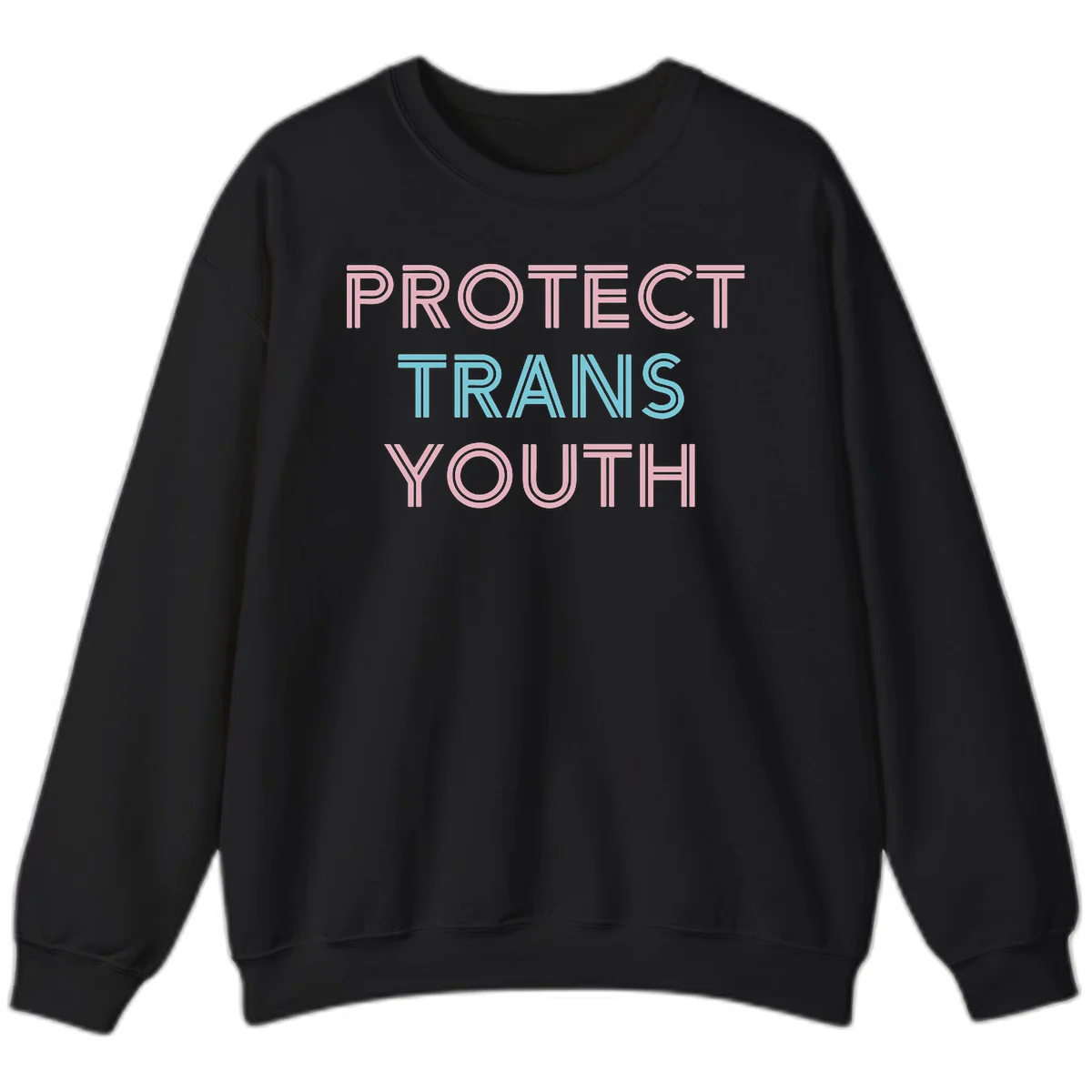 Protect trans youth design with pink and cyan outlined text on gray background in Black