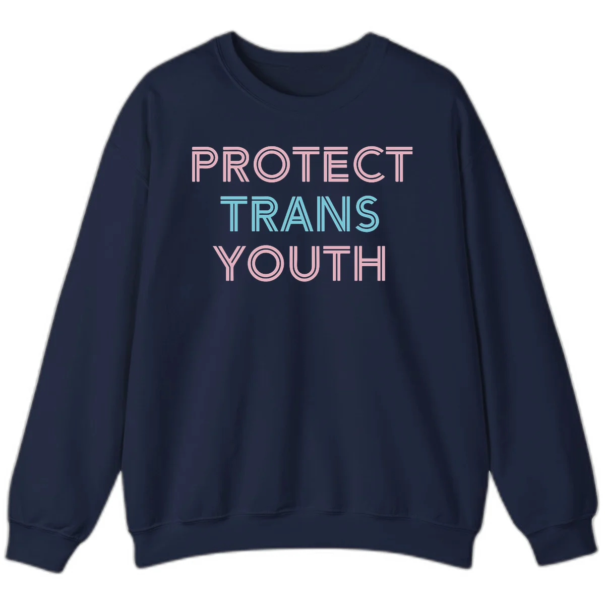 Protect trans youth design with pink and cyan outlined text on gray background in Navy