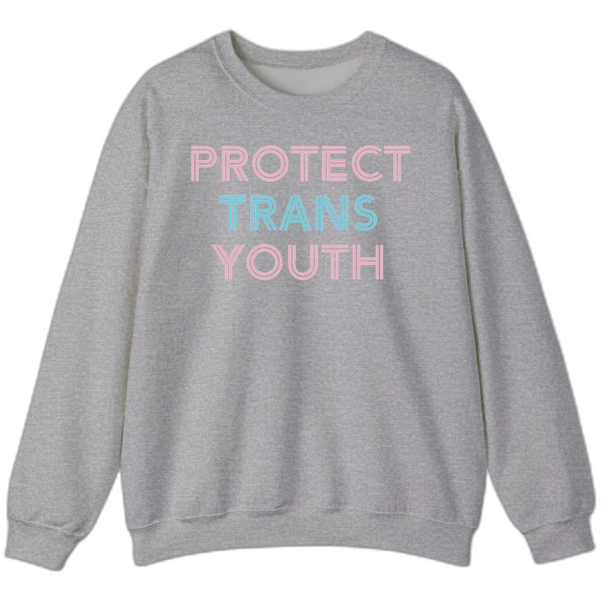 Protect trans youth design with pink and cyan outlined text on gray background in Sport Grey