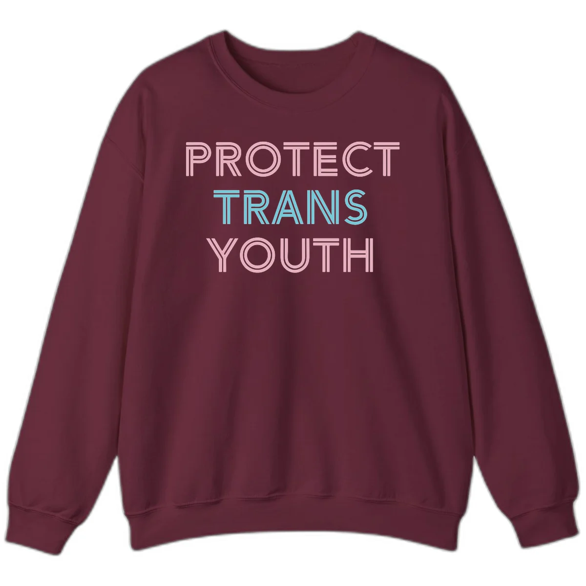 Protect trans youth design with pink and cyan outlined text on gray background in Maroon