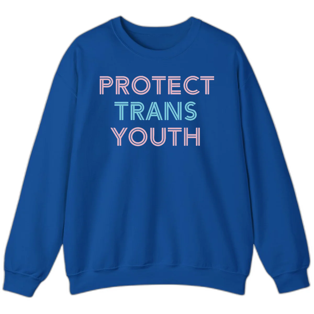 Protect trans youth design with pink and cyan outlined text on gray background in Royal