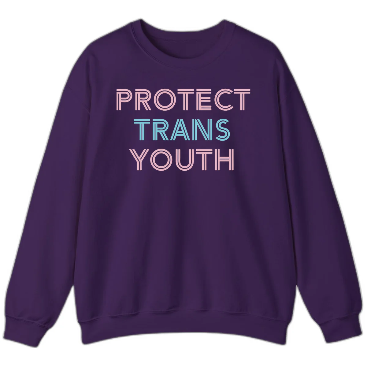 Protect trans youth design with pink and cyan outlined text on gray background in Purple