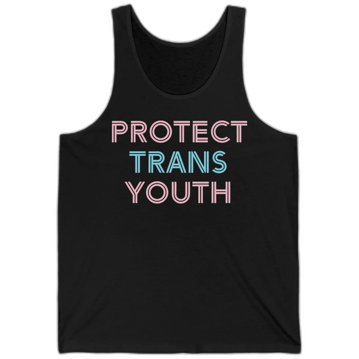Protect trans youth design with pink and cyan outlined text on gray background in Black