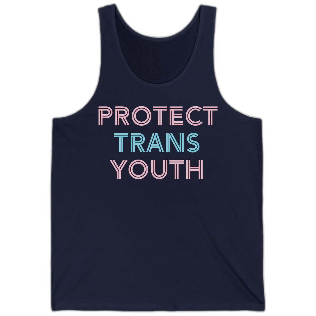 Protect trans youth design with pink and cyan outlined text on gray background in Navy