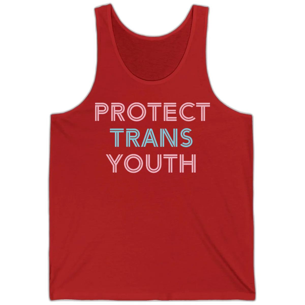 Protect trans youth design with pink and cyan outlined text on gray background in Red