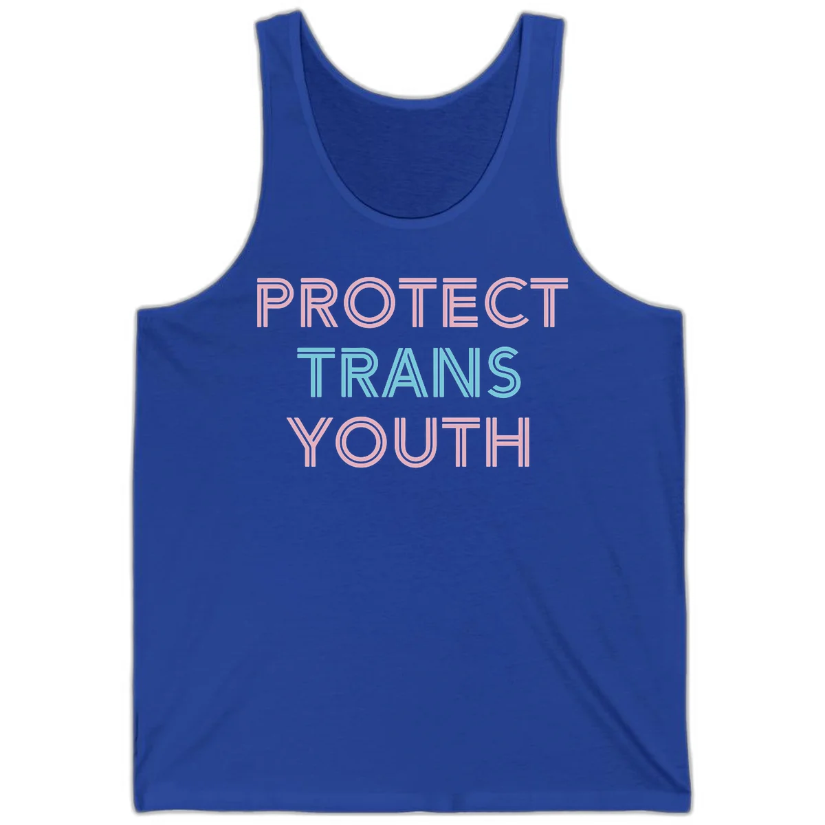 Protect trans youth design with pink and cyan outlined text on gray background in True Royal