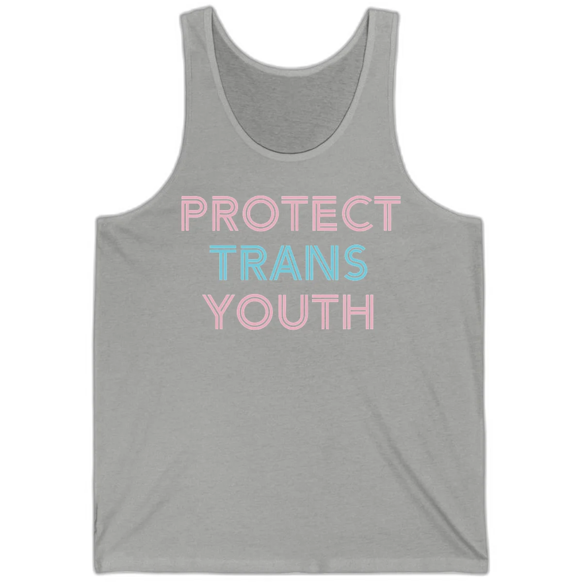 Protect trans youth design with pink and cyan outlined text on gray background in Athletic Heather