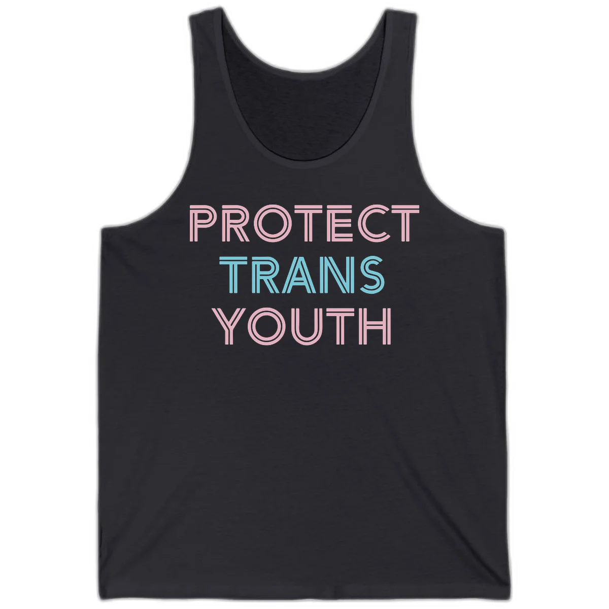 Protect trans youth design with pink and cyan outlined text on gray background in Dark Grey