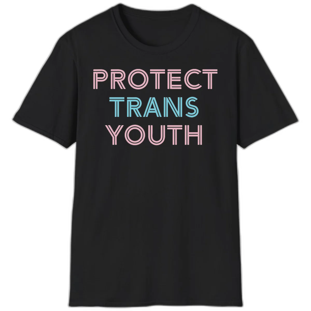 Protect trans youth design with pink and cyan outlined text on gray background in Black
