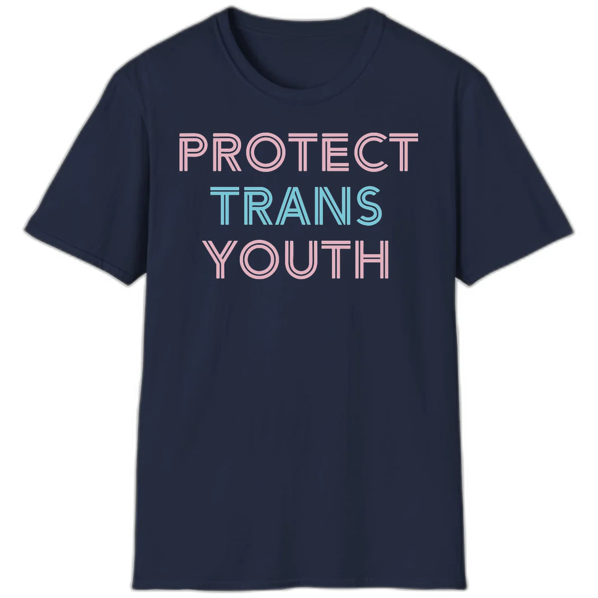 Protect trans youth design with pink and cyan outlined text on gray background in Navy