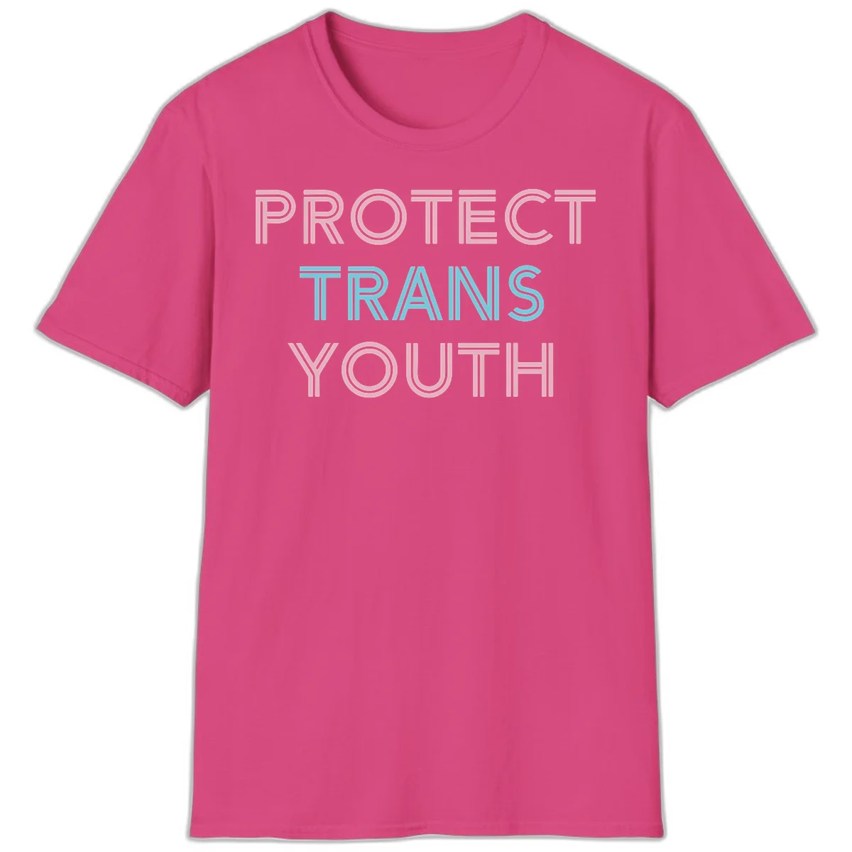Protect trans youth design with pink and cyan outlined text on gray background in Heliconia