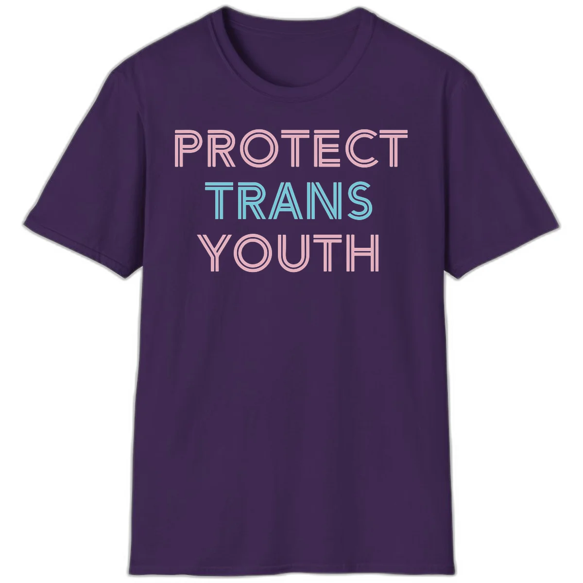 Protect trans youth design with pink and cyan outlined text on gray background in Purple