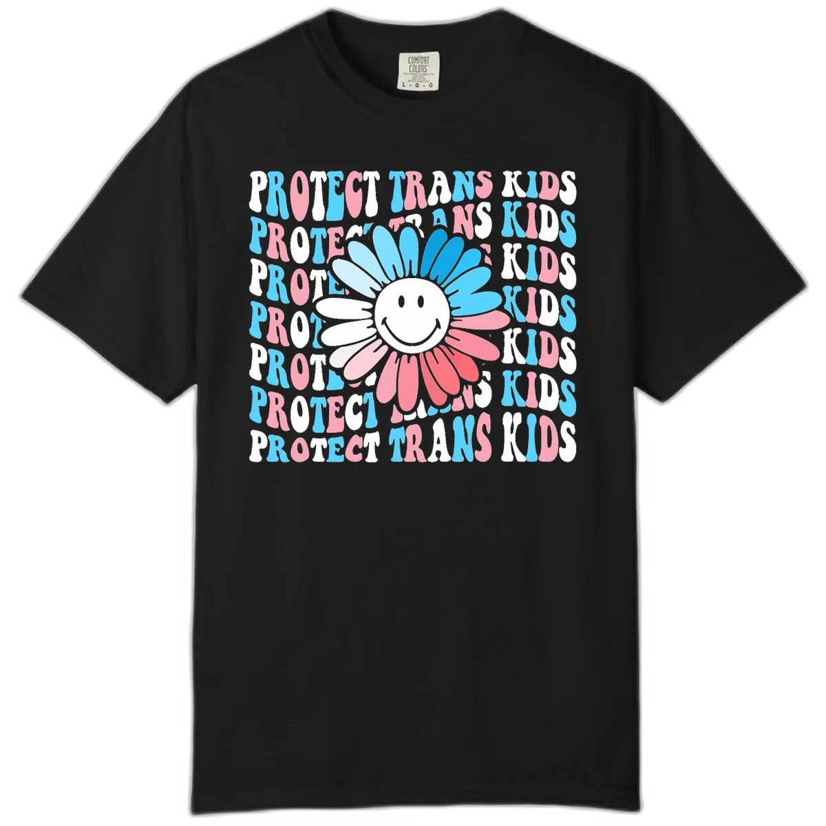 Protect trans kids daisy flower design with smiling face and gradient petals in blue and pink on gray background with repeated text in Black