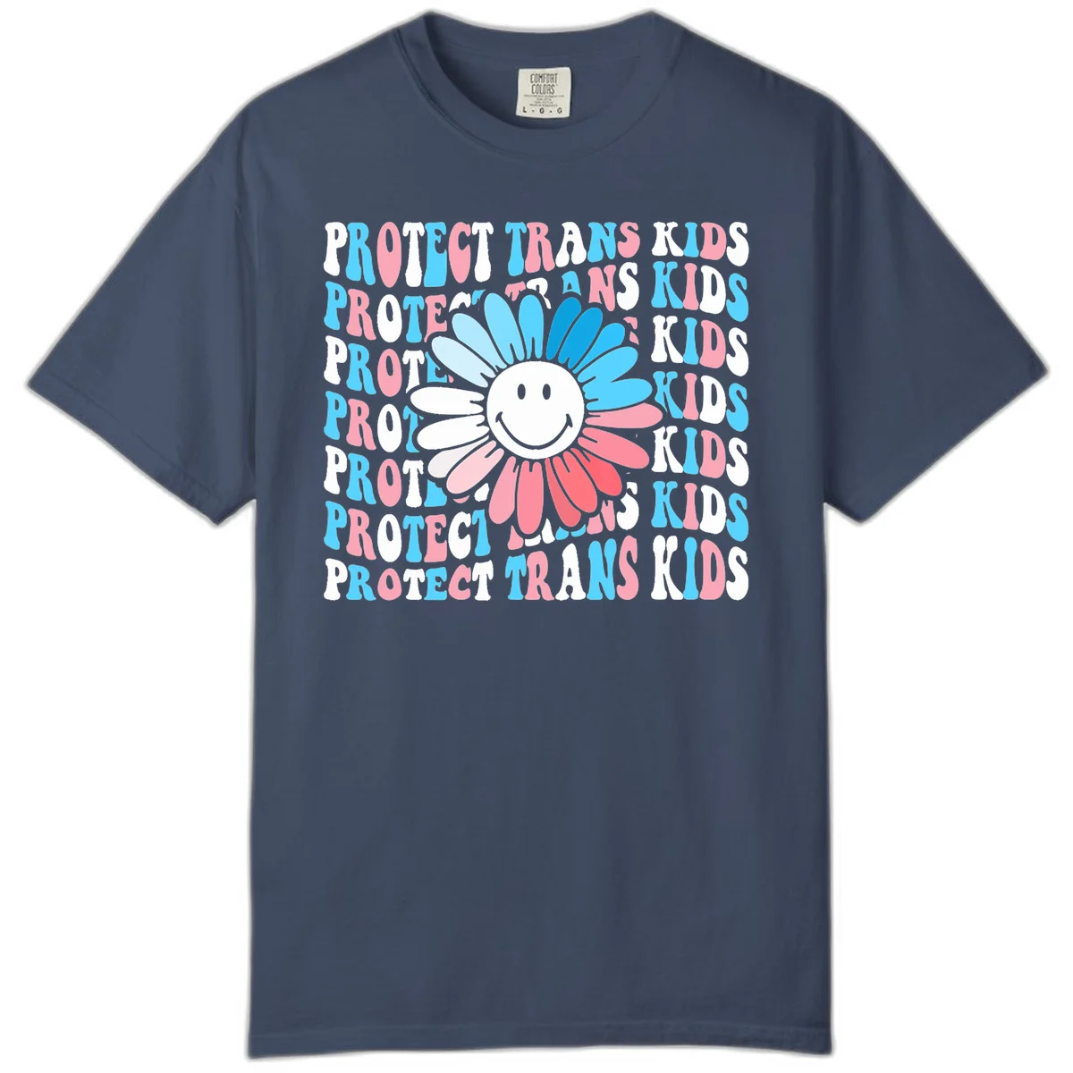 Protect trans kids daisy flower design with smiling face and gradient petals in blue and pink on gray background with repeated text in Midnight