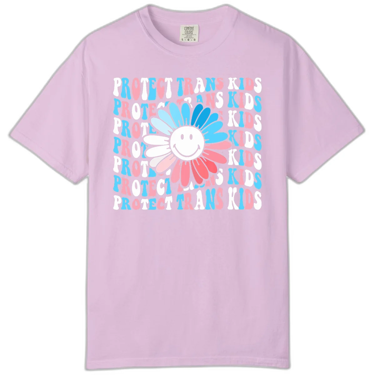 Protect trans kids daisy flower design with smiling face and gradient petals in blue and pink on gray background with repeated text in Orchid