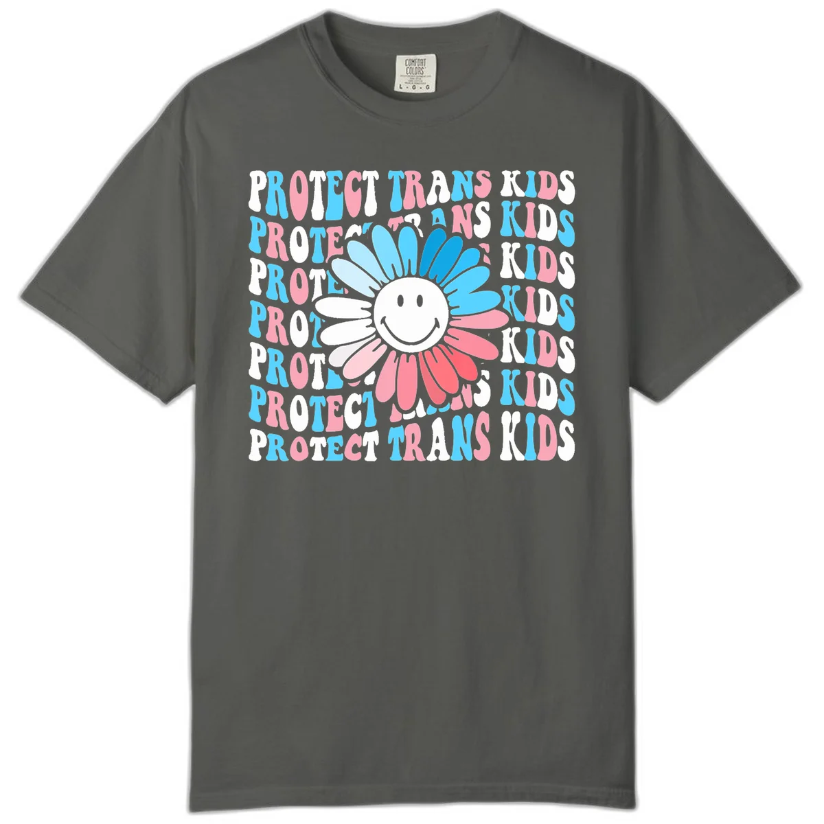 Protect trans kids daisy flower design with smiling face and gradient petals in blue and pink on gray background with repeated text in Pepper