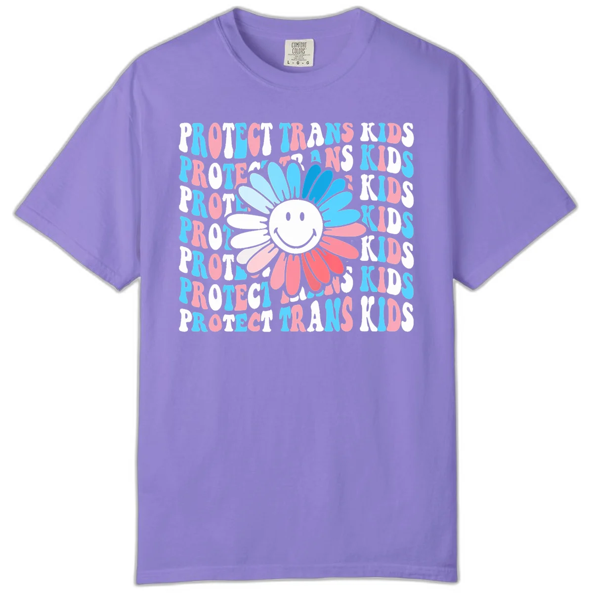 Protect trans kids daisy flower design with smiling face and gradient petals in blue and pink on gray background with repeated text in Violet