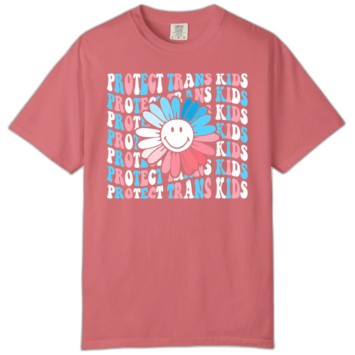 Protect trans kids daisy flower design with smiling face and gradient petals in blue and pink on gray background with repeated text in Watermelon