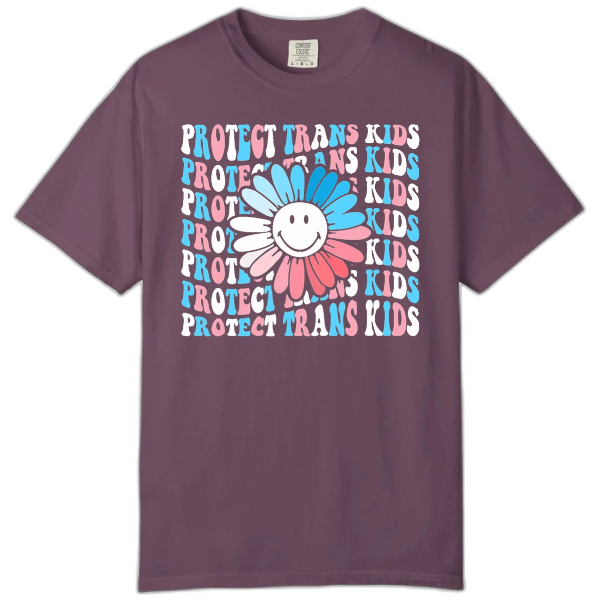 Protect trans kids daisy flower design with smiling face and gradient petals in blue and pink on gray background with repeated text in Berry